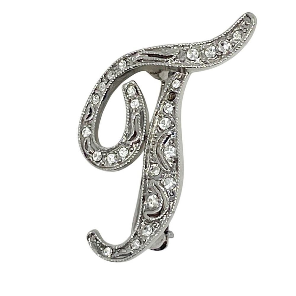 Monet Silver Tone "T" Letter Initial Script Cursive Signed Brooch 1 Inch READ